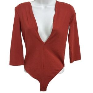 Express Plunge V-Neck Long Sleeve Cotton Sexy Bodysuit Rust Size S